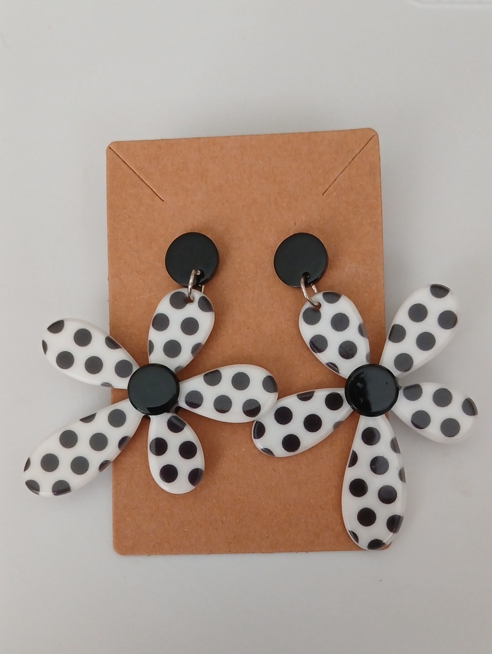 Fashion Jewelry Black and White Polka Dot Flower Drop Earrings